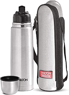 Milton Flip Lid 1000 Thermosteel 24 Hours Hot and Cold Water Bottle with Bag, 1 Litre, Silver