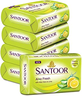 Santoor Aloe Fresh Soap with Aloe Vera and Lime for Radiant Looking Skin, 125g, 4 + 1