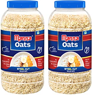 Manna Oats 2kg (1kg x 2 Jars) - Gluten Free Steel Cut Rolled Oats. High in Fibre & Protein.