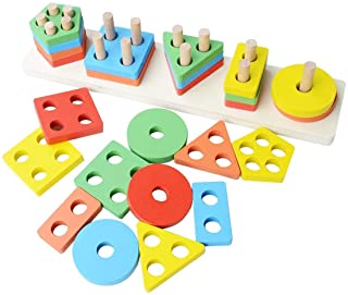 Toyshine Wooden Angle Geometric Blocks Stacker Shape Sorter Column Puzzle Stacking Set for Kids- B