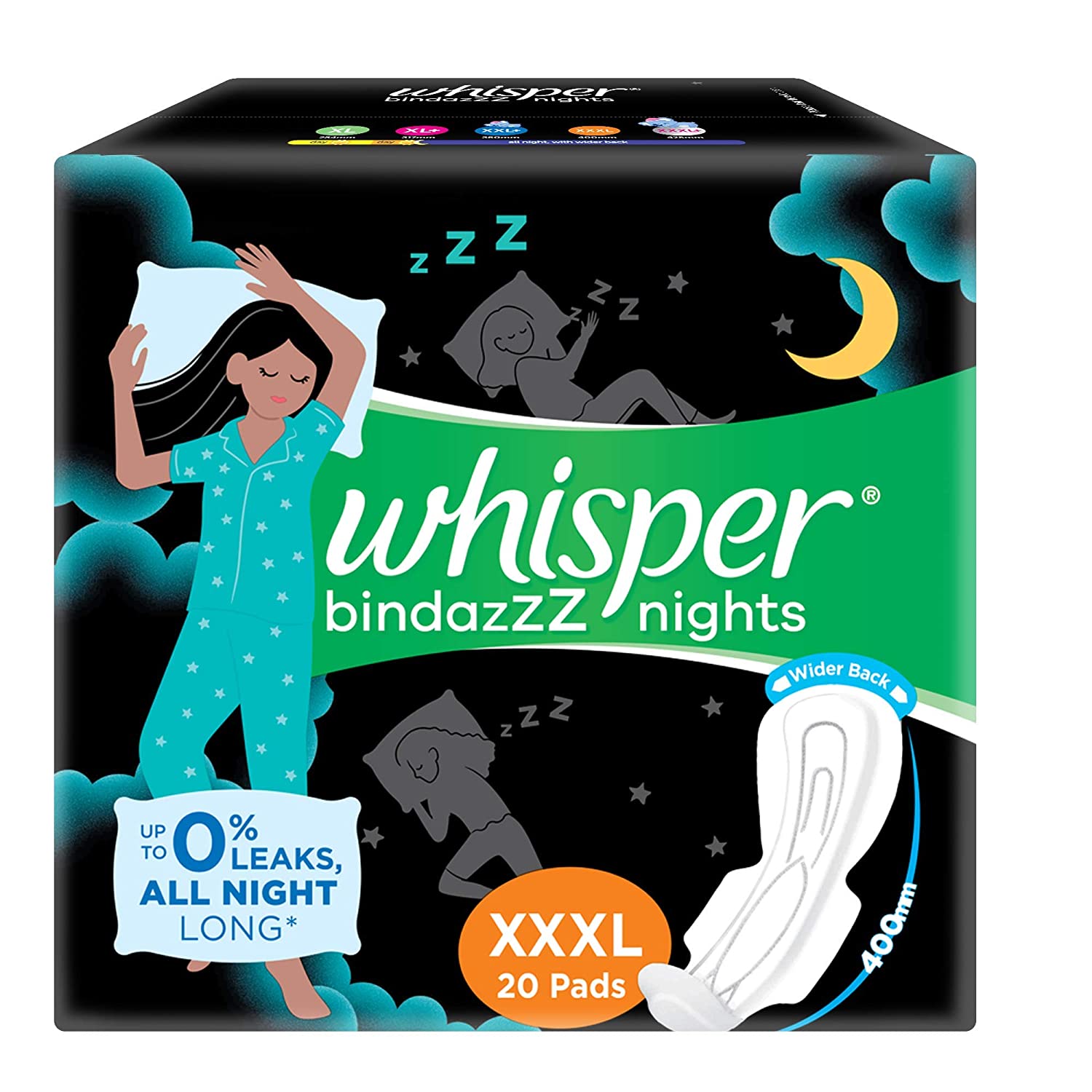 Whisper bindazzz Nights Pads For Women, XXX-Large Pack of 20 pads