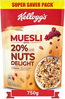 Kellogg's Muesli 20% Nuts Delight | Breakfast Cereal | High in Iron| High in Fibre | Naturally Chole, 750g Pack