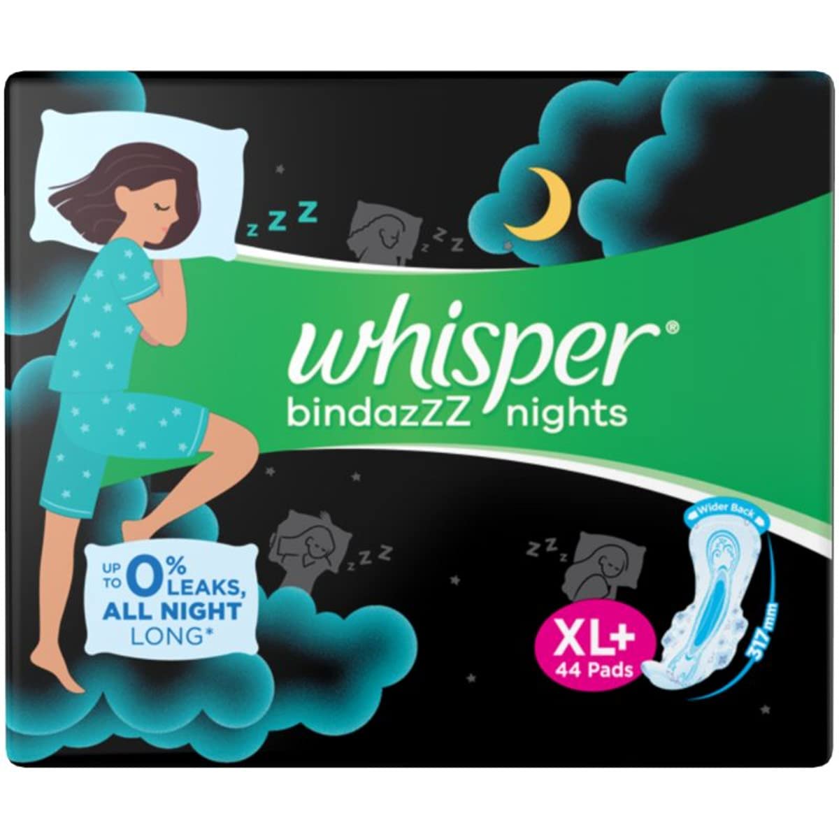 Whisper Bindazzz Nights Sanitary Pads, Xl+ Pack of 44 Napkins.