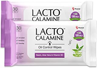 Lacto Calamine Oil Control Face Wipes with Neem, Vitamin B3 and Aloe Vera, No Parabens, Alcohol Free, White, 60 Count, Pack of 2