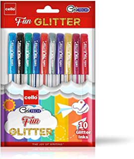 Cello Geltech Fun Glitter Gel Pen (Pack of 10 pens in Multicolour ink) | Glitter gel pens