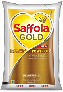 Saffola Gold Refined Cooking oil | Blend of Rice Bran & Sunflower oil | Helps Keeps Heart Healthy | 1 Litre pouch
