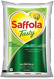 Saffola Tasty Refined Cooking oil | Blend of Rice bran & Corn oil | Pro Fitness Conscious | 1 Litre pouch