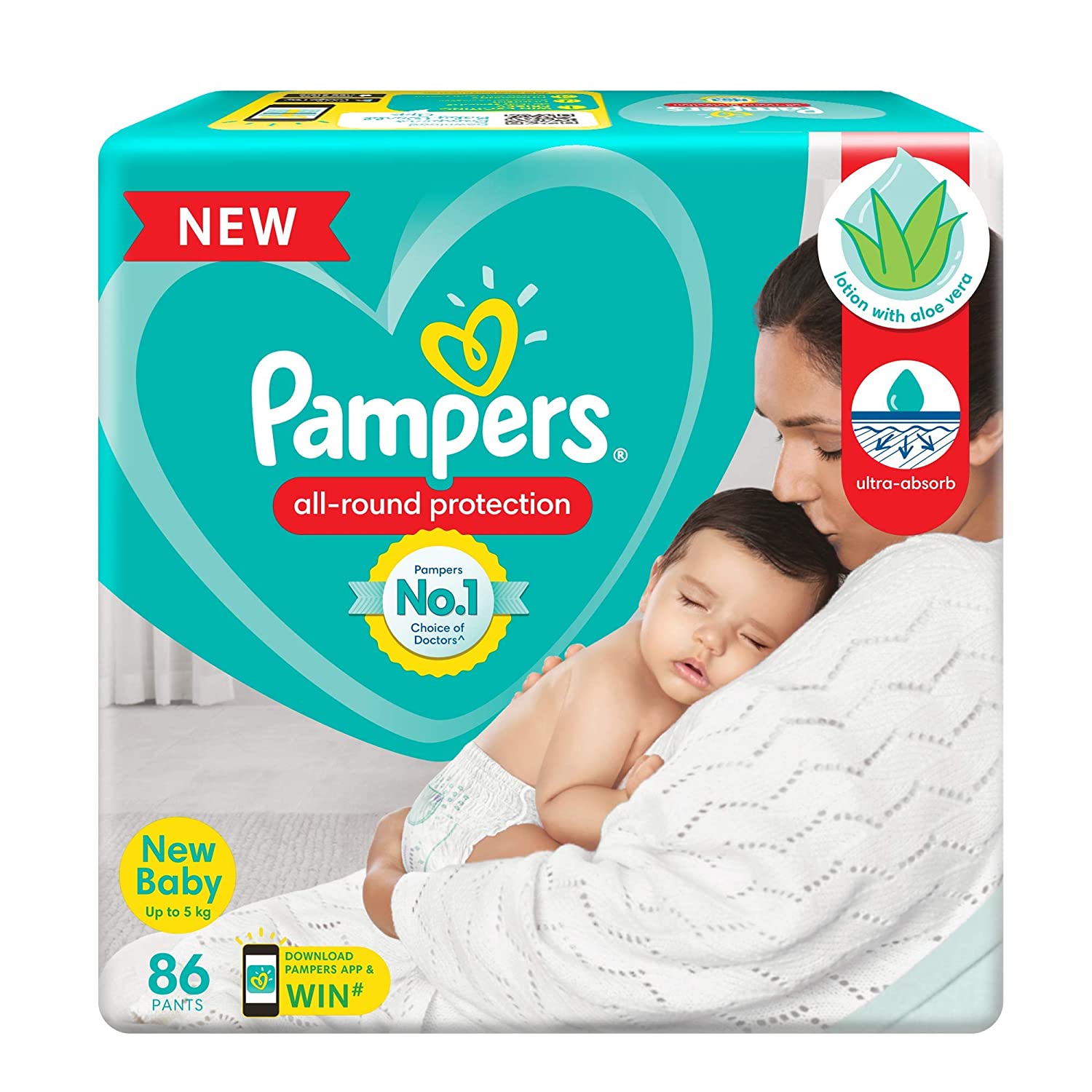 Pampers All round Protection Pants, New Born, Extra Small size baby diapers (NB,XS) 86 Count, Lotion with Aloe Vera
