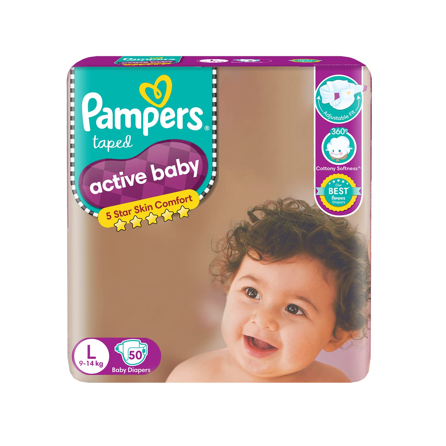 Pampers Active Baby Taped Diapers, Large size diapers, (LG) 50 count, taped style custom fit